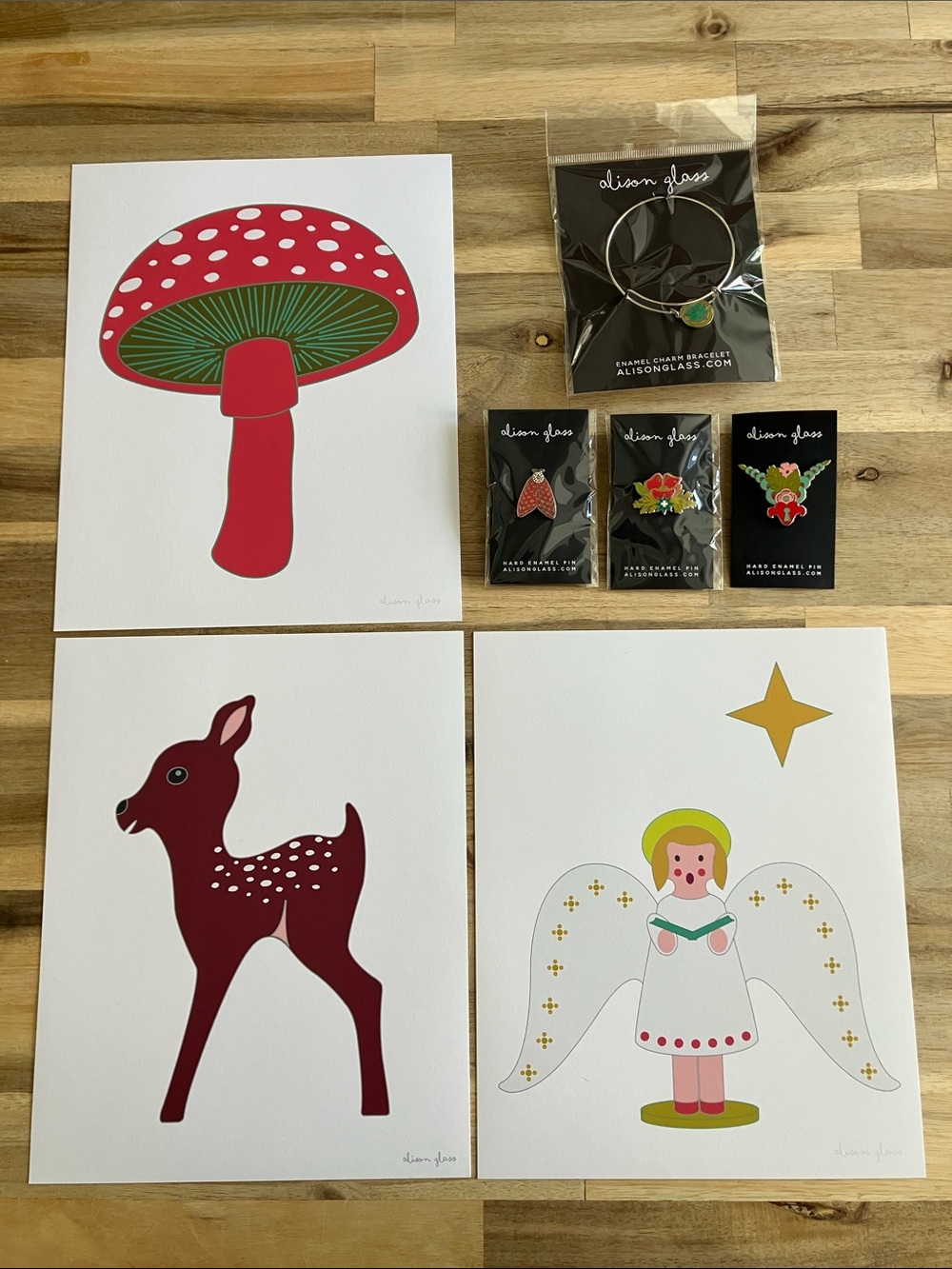 New Alison Glass Bundle - Three Enamel Pins, Enamel Bracelet, Three Art Prints